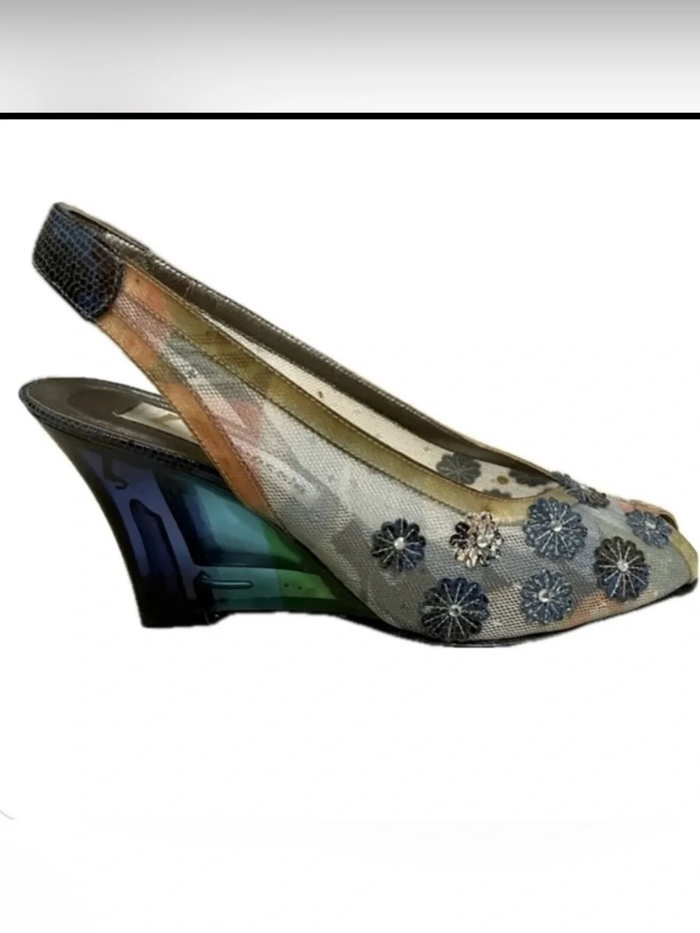 PENSATO Elegant Blue Mesh Floral Wedge Shoe with Transparent Heel